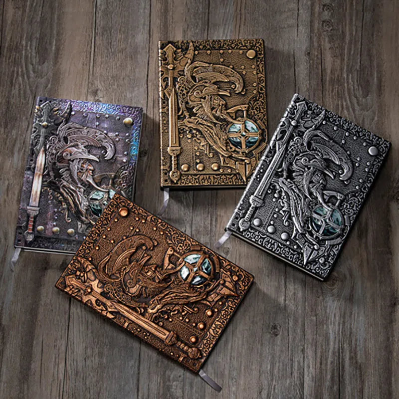A5 leather notebook with 3D embossed warriors relief design in bronze, red bronze, silver, and multicolor colours.