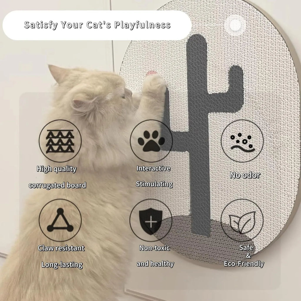 Wall mounted corrugated cardboard cat scratch pad with catnip in cactus design