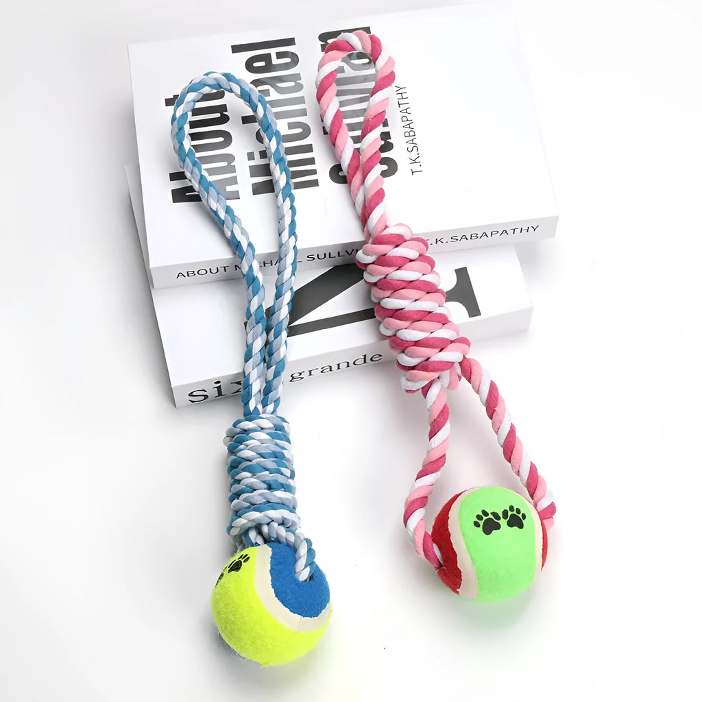 A red and white cotton string dog toy, approximately 38cm long, for medium and large dogs.