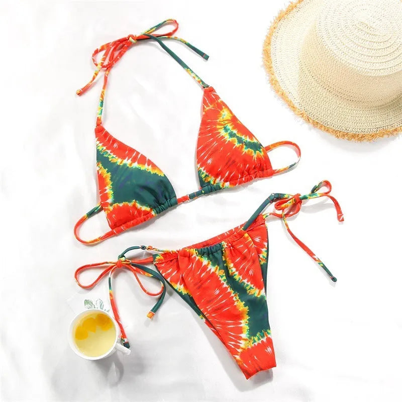 Women's polka dot print split swimsuit bikini in brown dot pattern with matching bra and panties