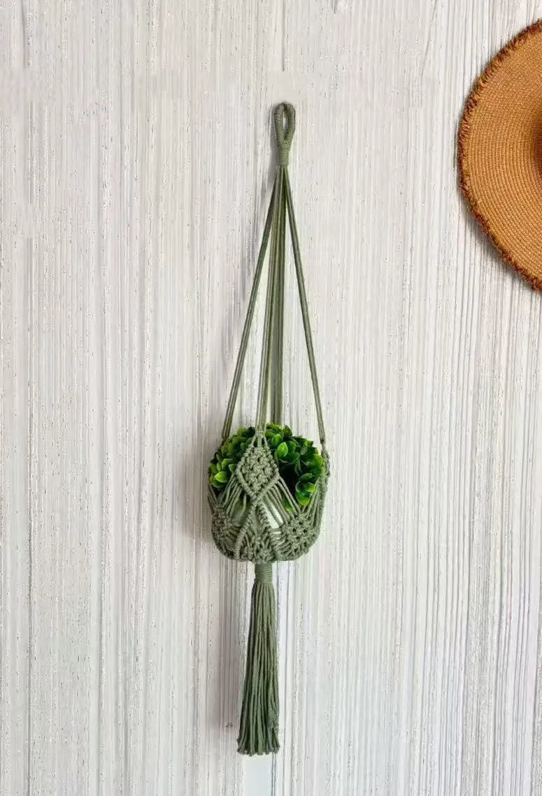 Minimalist hand-woven flower pot in polyester cotton fabric with net pocket design in brown colour