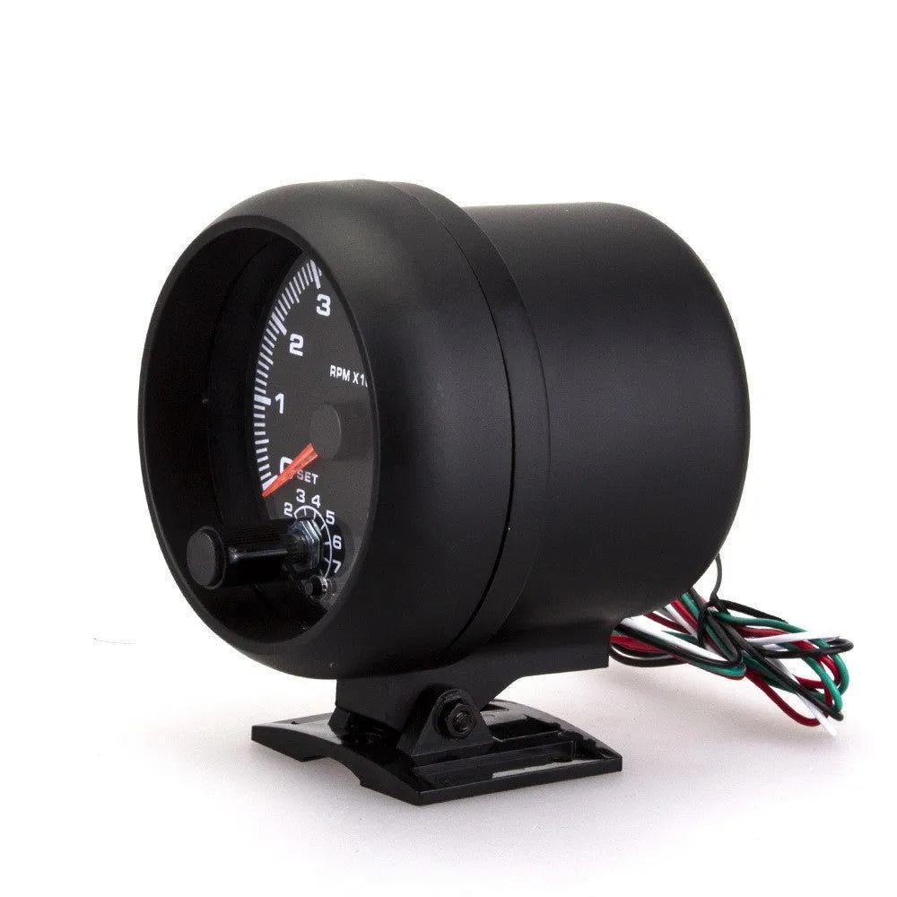 Blue laser automotive tachometer with digital display showing 0-8000 rpm range