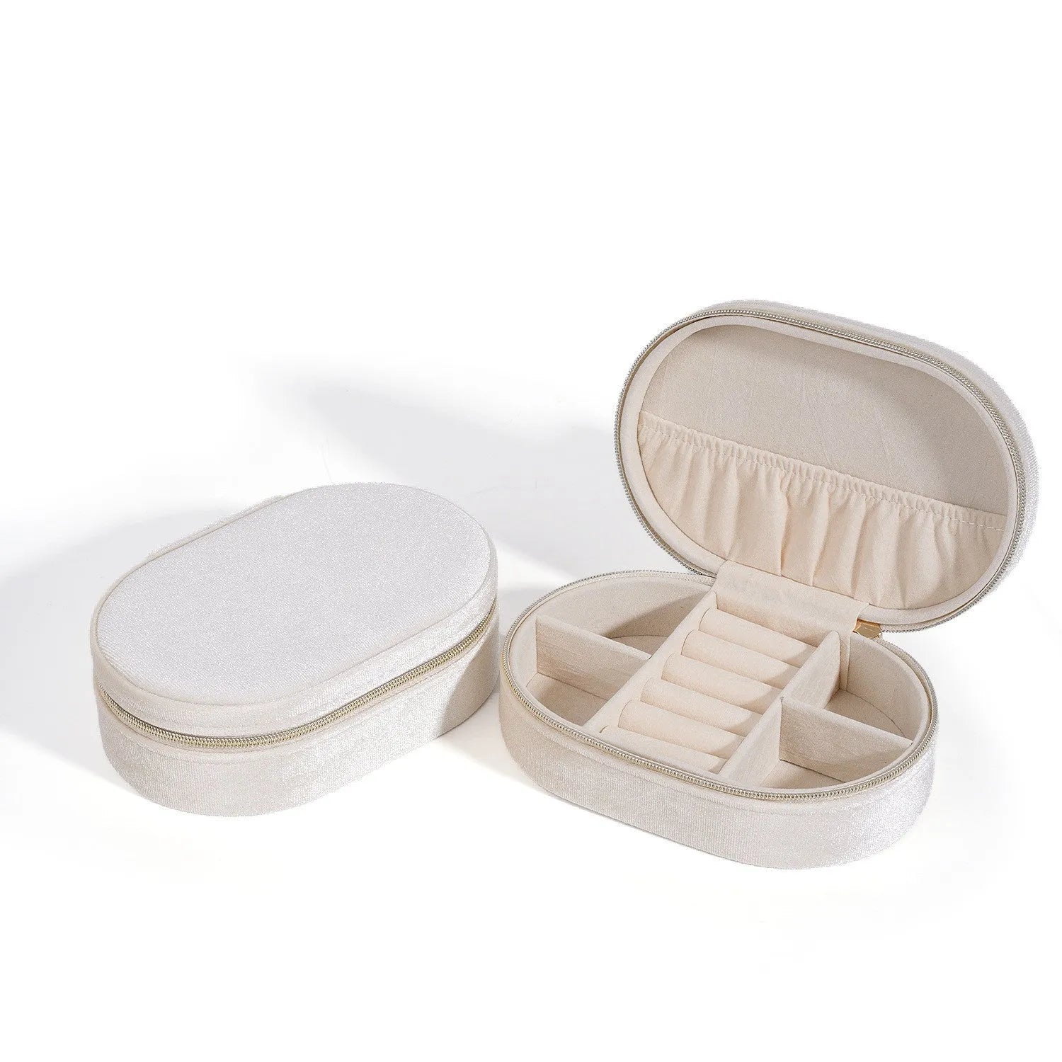 Oval velvet jewellery storage box in multiple colours with flannel lining for rings and earrings