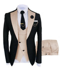 Men's slim fit cotton three-piece suit in a light business style, shown with coat, vest, and trousers.