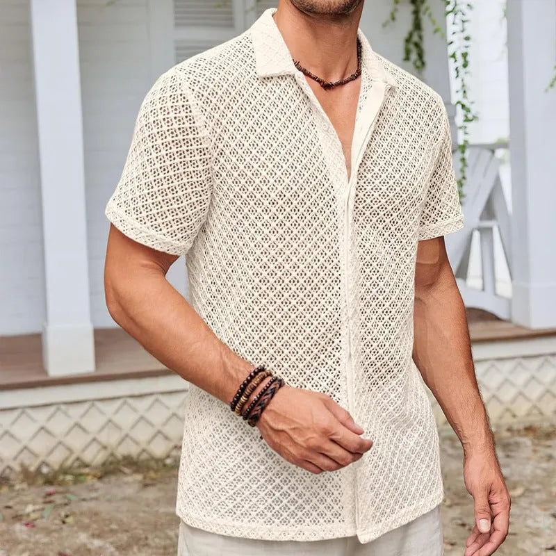 Men's beige cotton blend mesh short sleeve shirt with lapel design