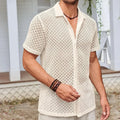 Men's beige cotton blend mesh short sleeve shirt with lapel design