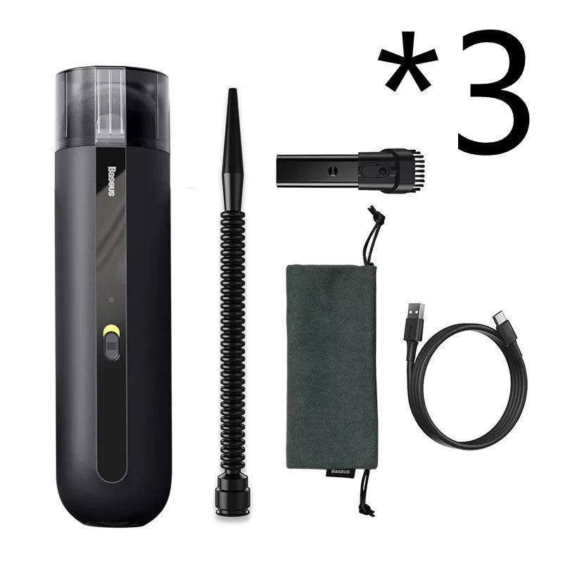 Baseus handheld car vacuum cleaner in black, white, or green, shown with blowing hose attachment.