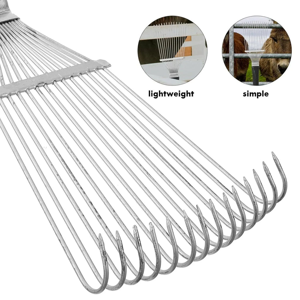 Stainless steel pet dematting brush rake comb with curved teeth for grooming horses and dogs.