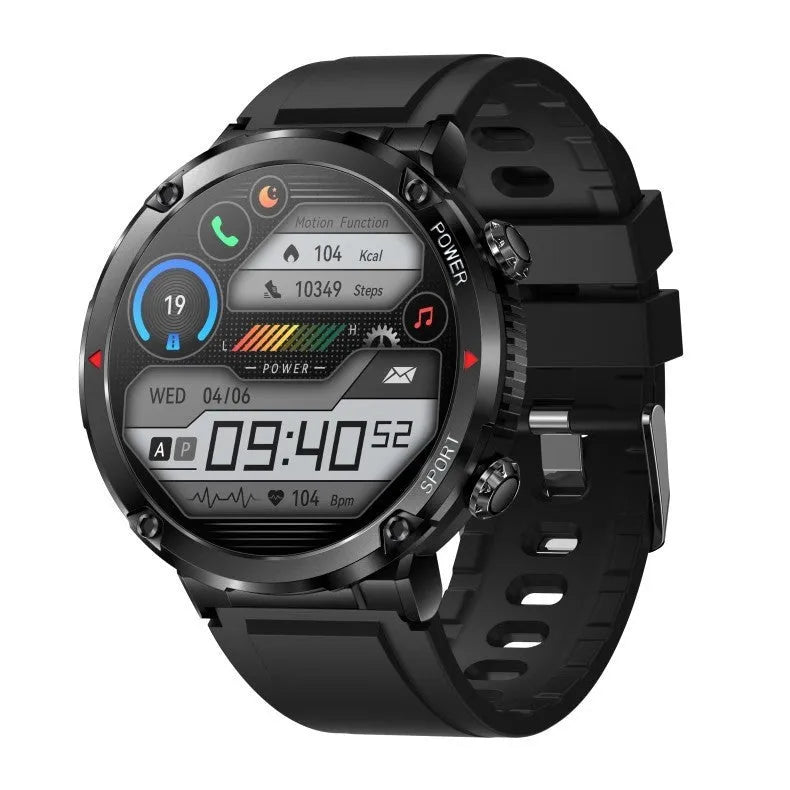 T30 Smart Watch in black on wrist showing display with heart rate and time