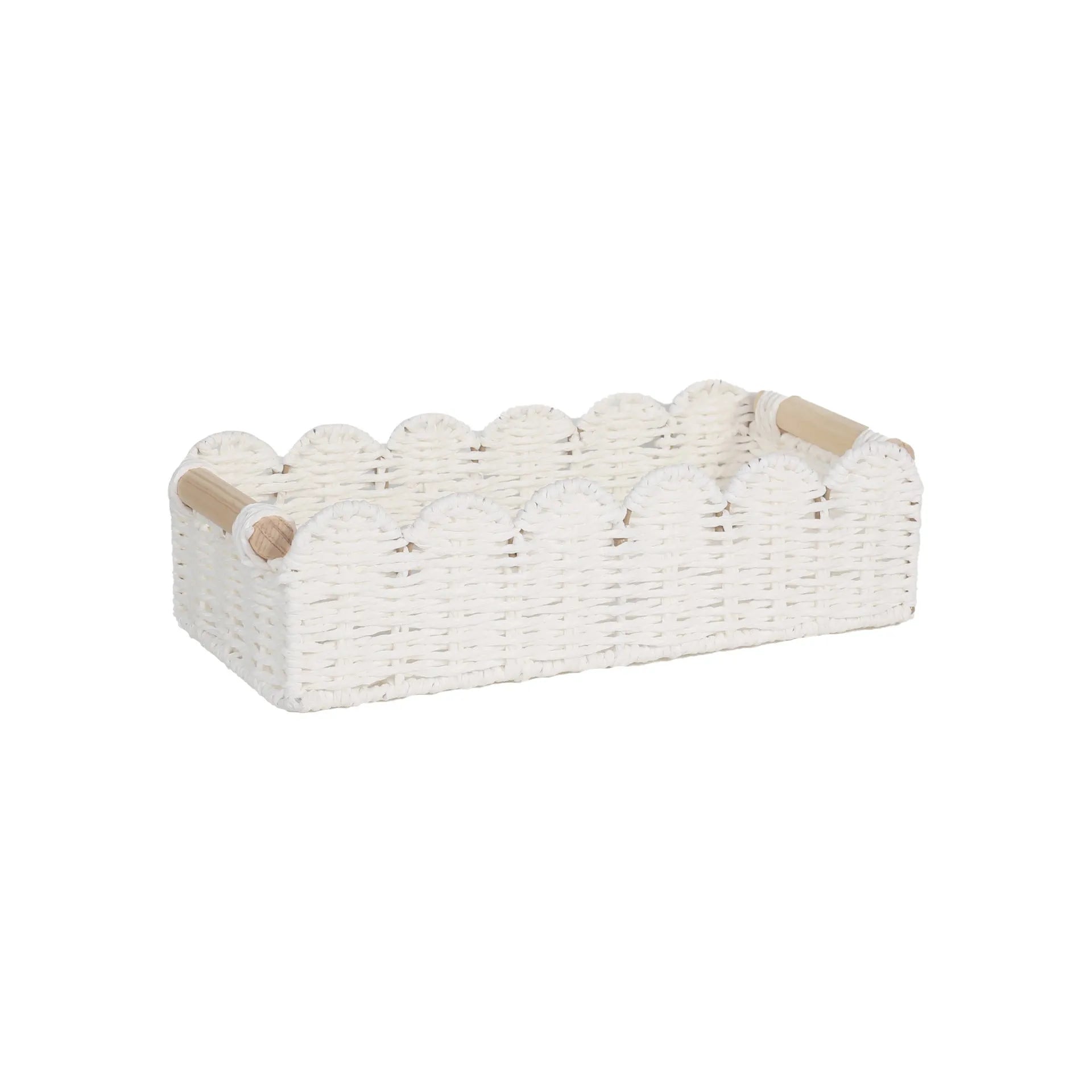 Rectangular woven paper storage basket in a choice of colours on a wooden table.