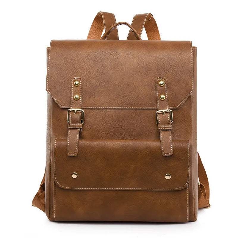 Korean retro style backpack in soft PU leather showing ventilation features and available colour options