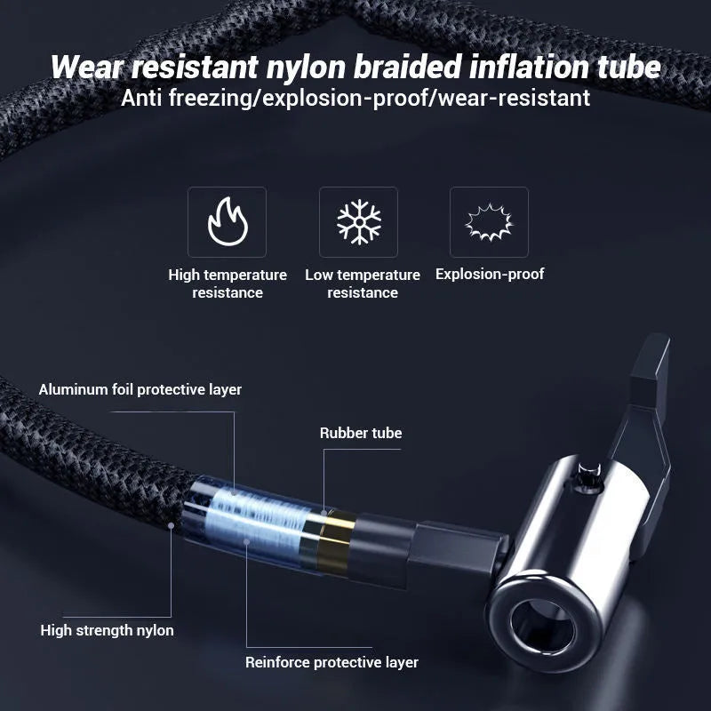 Compact wireless digital display car tyre inflator with hose and four air nozzles on a flannelette bag