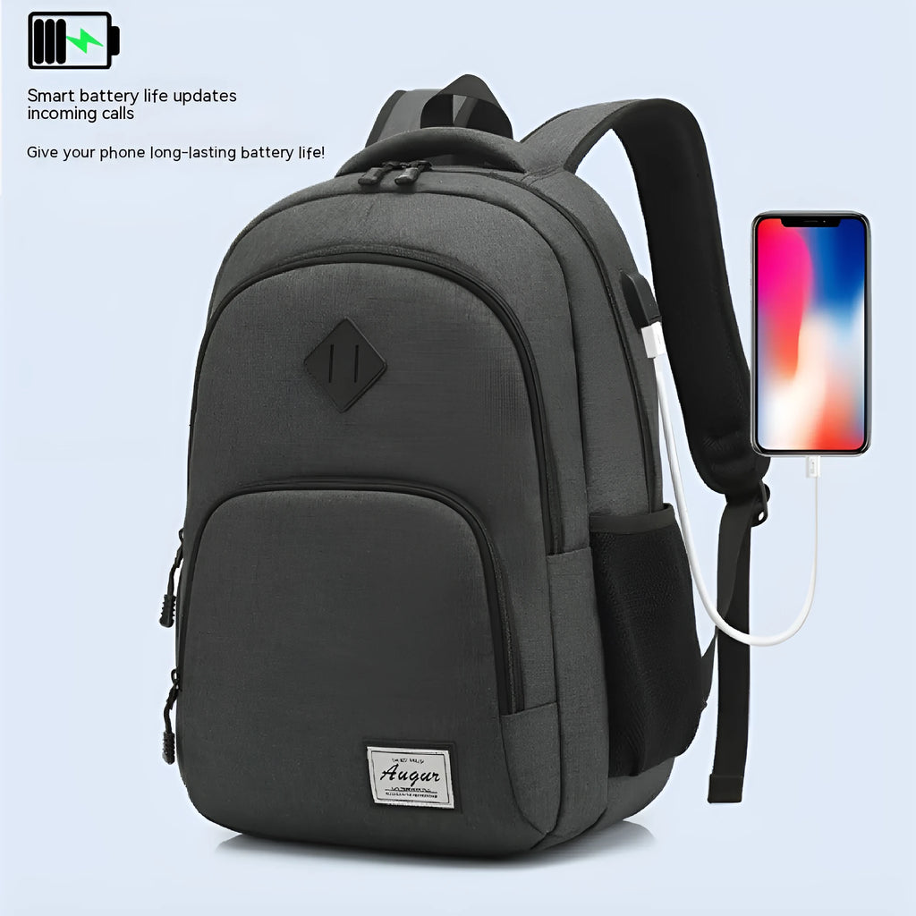 Lightweight USB charging backpack in grey with trolley sleeve and thickened nylon fabric