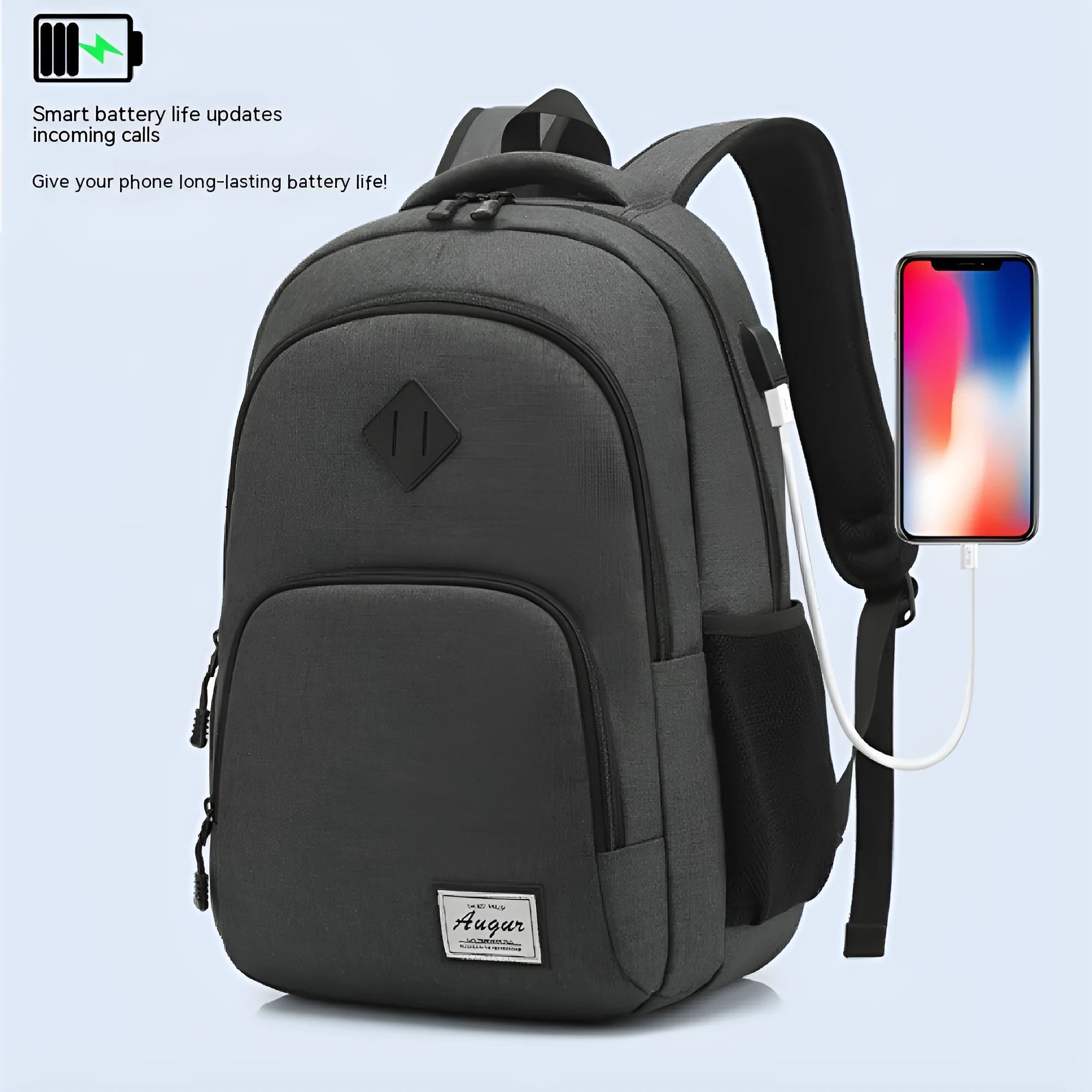 Lightweight USB charging backpack in grey with trolley sleeve and thickened nylon fabric