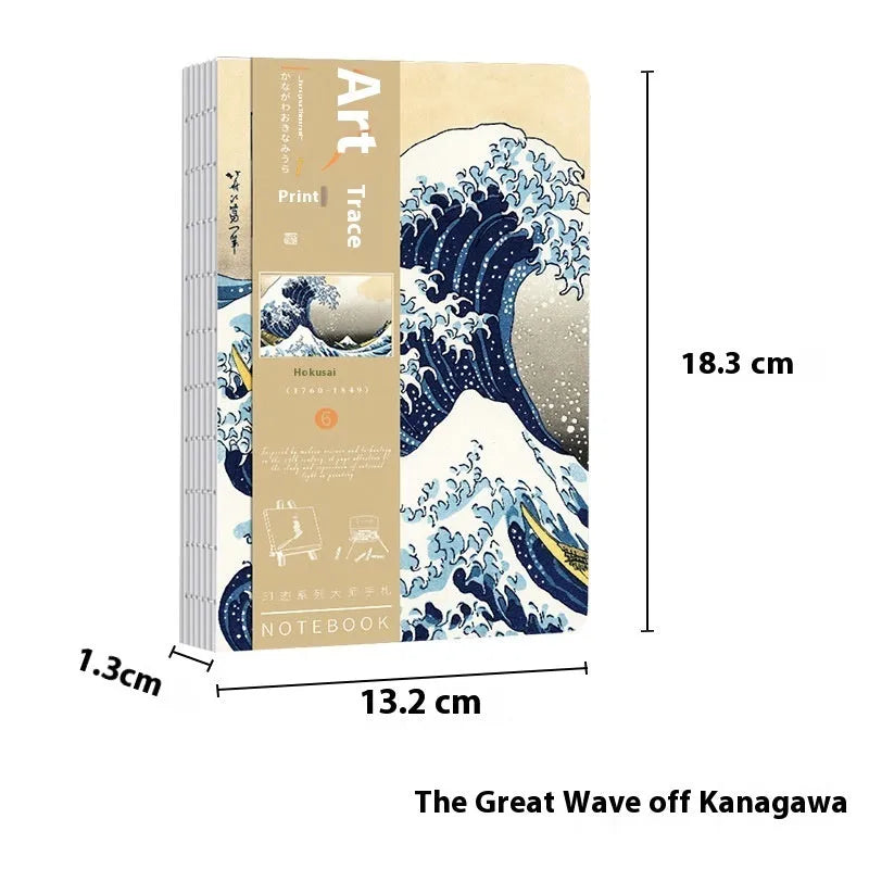 Ukiyo-e series hand ledger notebook showing Japanese art cover and open writing pages