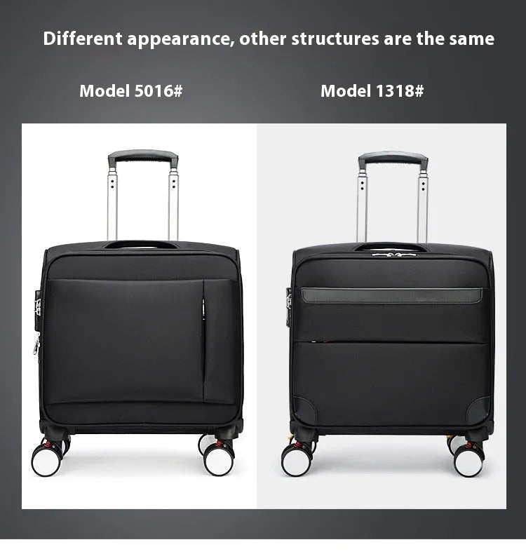 Black 18-inch Oxford cloth boarding suitcase with universal wheels and retractable handle