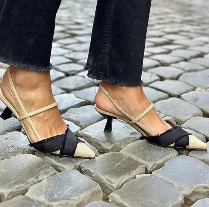 Women's apricot black colour block pointed toe sandals with stiletto heel and buckle fastening
