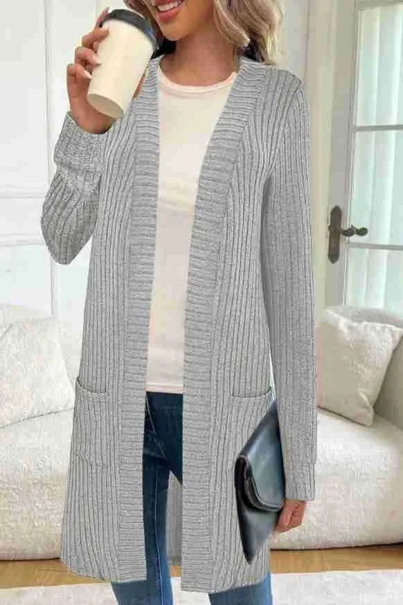 Long sleeve loose pocket knitted cardigan jacket in a relaxed fit, shown in black, grey, or wine red.