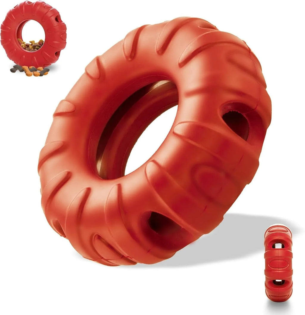 Blue rubber tyre-shaped dog chew toy with oval openings, for medium to large breed dogs.
