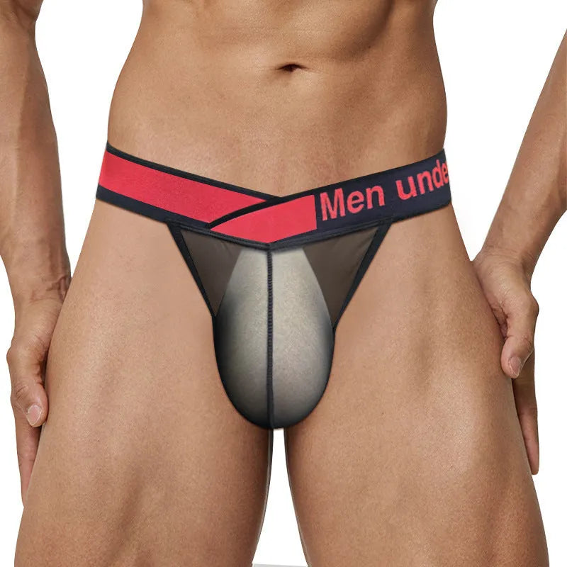 Men's transparent ice silk breathable underwear briefs with large V gradient high fork in red colour