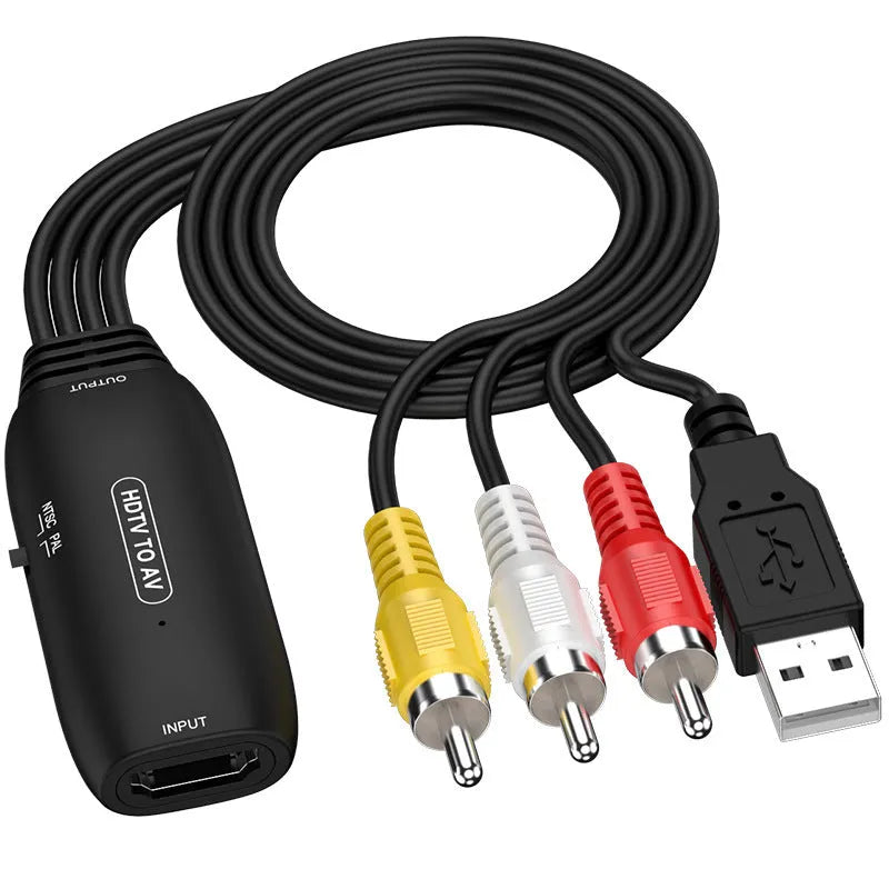 HDMI to AV converter adapter cable with 110cm length showing RCA connector and 2-terminal options