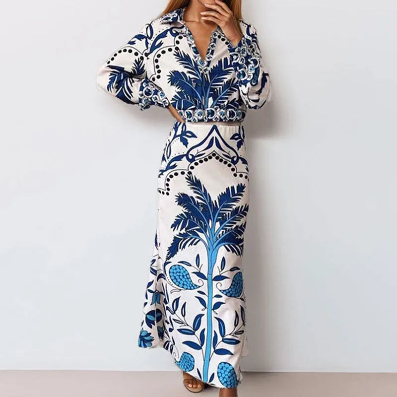 Women's polyester casual fashion set with long sleeves and long skirt in picture colour