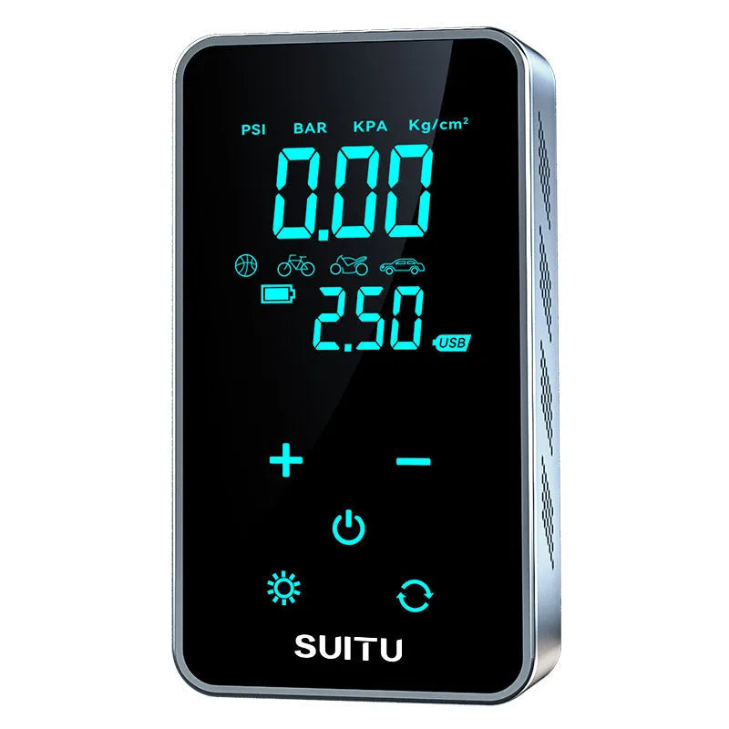 ST-9616C compact black wireless car tyre inflator with LCD screen, hose, and nozzle set on a cloth bag