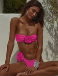 Striped bikini swimsuit set with a tube top, shorts, and a three-dimensional flower split design.