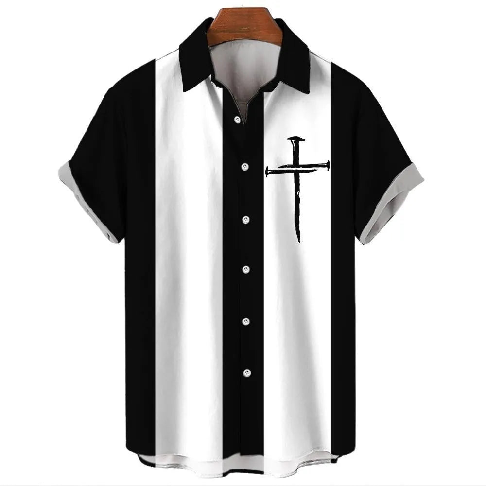 Men's striped Hawaiian shirt in polyester fabric with button-up short sleeves