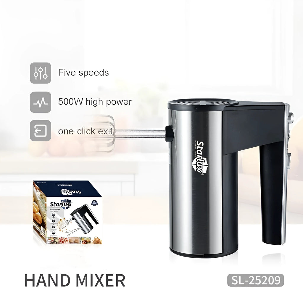 White handheld electric mixer with a stainless steel whisk attachment on a kitchen counter