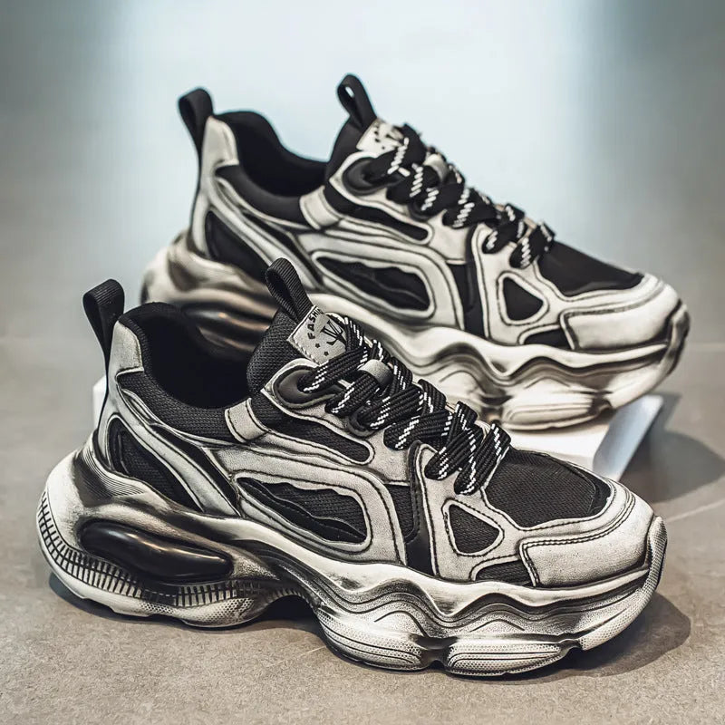 Men's black mesh sneakers with platform sole and cross-strap detailing for height increase and sports activities