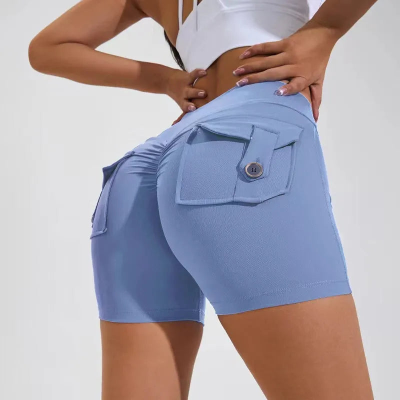 Women's high waist fitness shorts with pockets in avocado green colour for yoga and workouts