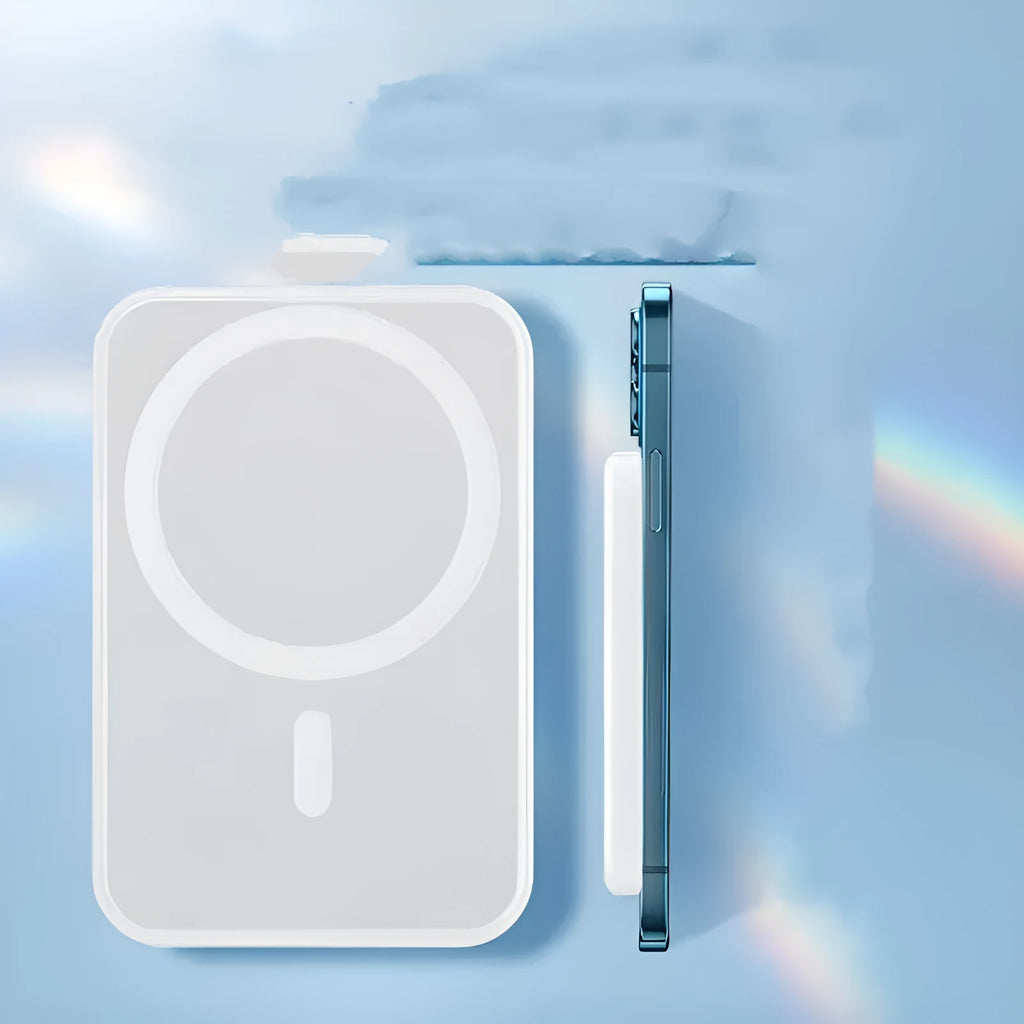 Magnetic wireless charger power bank in white with 5000mAh capacity measuring 100x65x16mm
