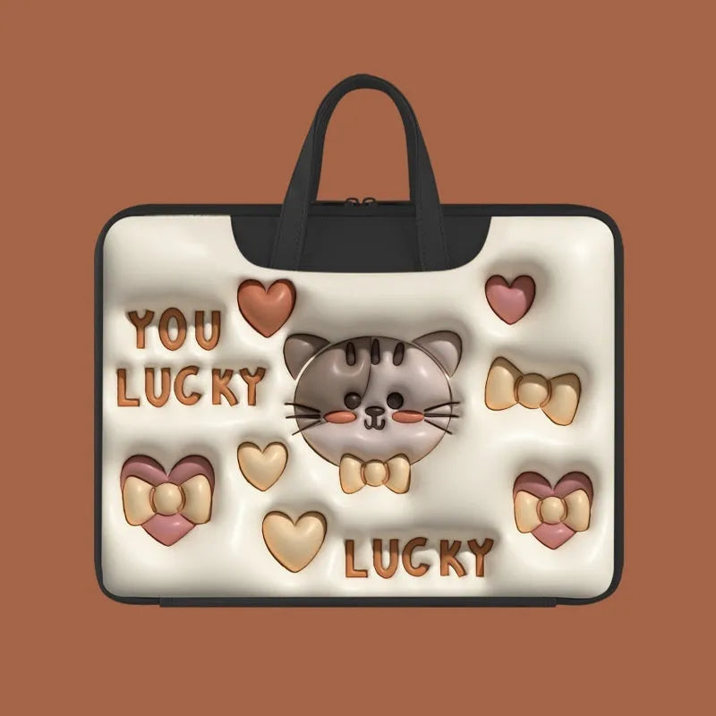 Inflatable PU leather laptop bag in cat beige colour with luggage strap, suitable for 13 to 15.6 inch laptops.