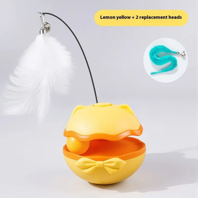 Electric cat toy tumbler in lemon yellow, sky blue, or soft fog grey showing self-moving plastic design