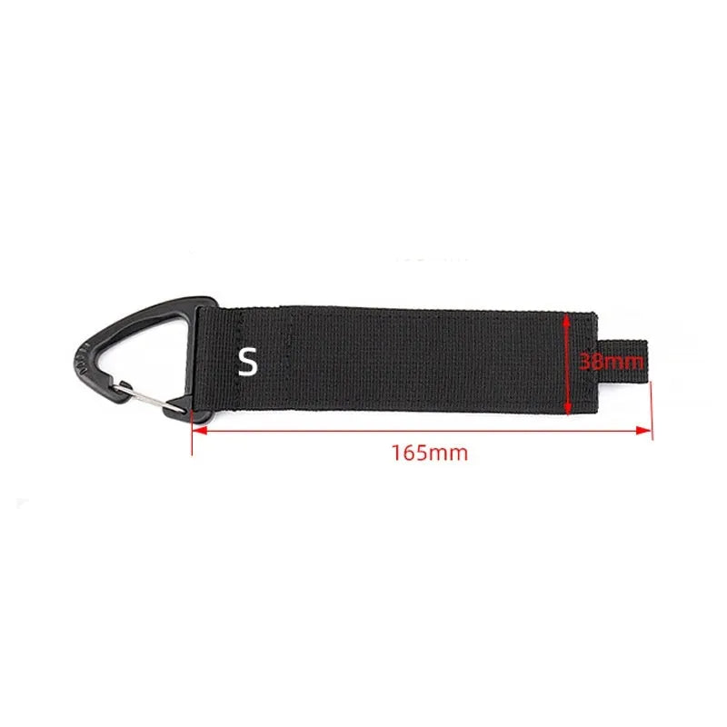 Black heavy-duty carabiner climbing button storage strap hook in three size options.
