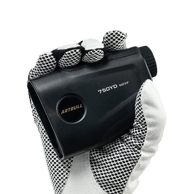 Golf laser rangefinder with 6x magnification showing LCD display with distance measurement