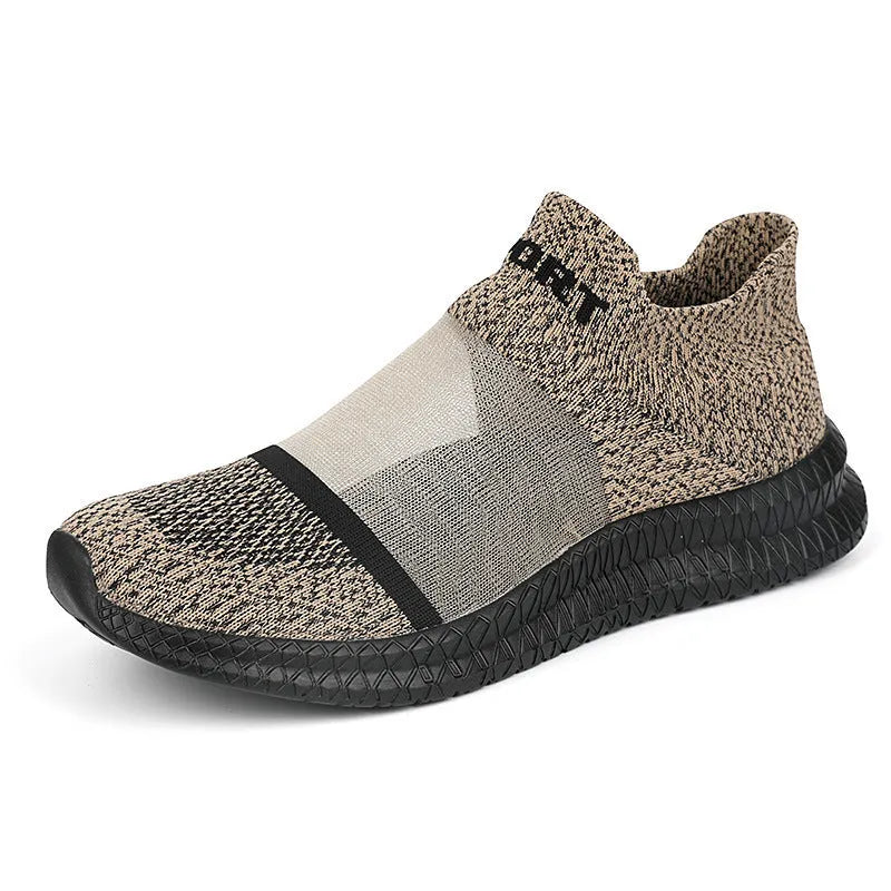 Breathable Flyknit sock shoes in khaki colour with lace-up front and low flat heel design.