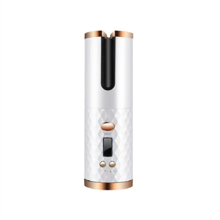 White portable mini curling iron with USB charging port and adjustable temperature dial.