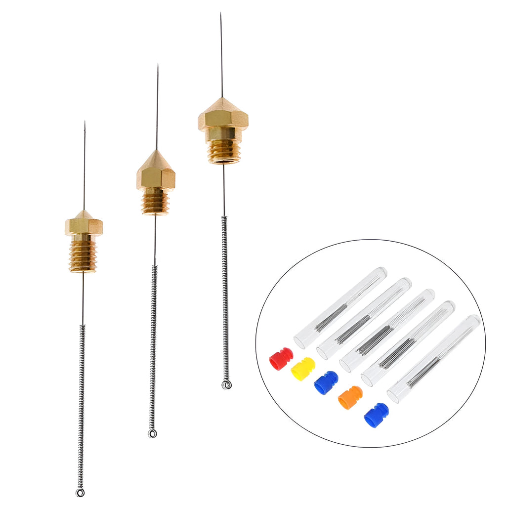 Pack of ten metal cleaning needles for maintaining Mk8 and E3D 3D printer nozzles.