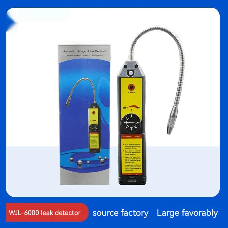 WJL-6000 electronic halogen leak detector with 20cm probe on a workbench.