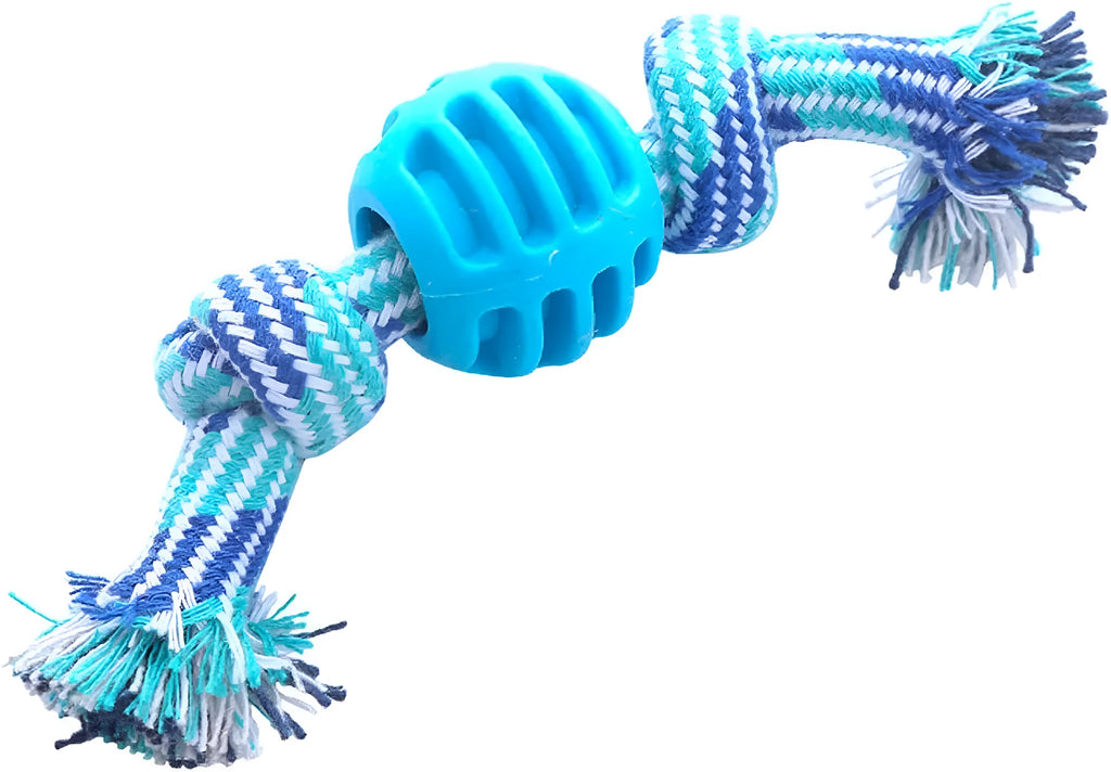 Blue molar-shaped dog chew toy with attached ropes for dental cleaning and tugging play.