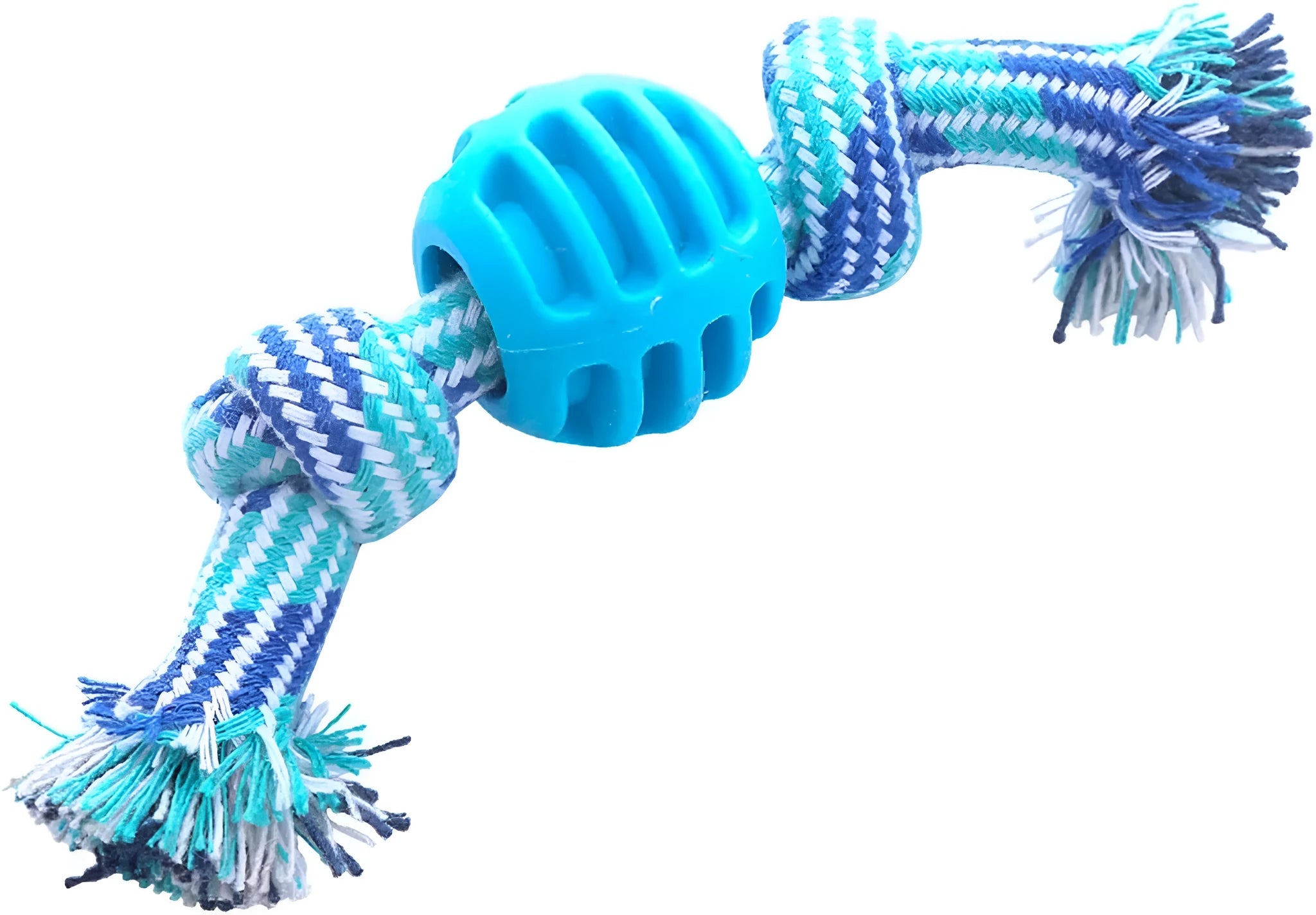 Blue molar-shaped dog chew toy with attached ropes for dental cleaning and tugging play.