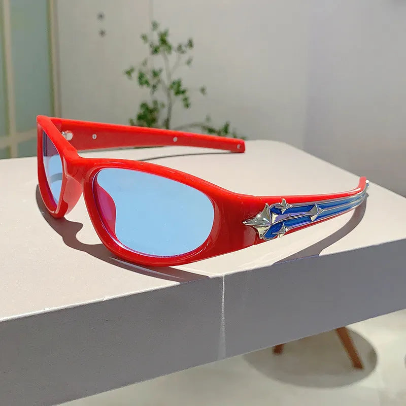 Special-shaped polycarbonate sunglasses with category 3 lenses shown in a black frame and blue lens colour option.