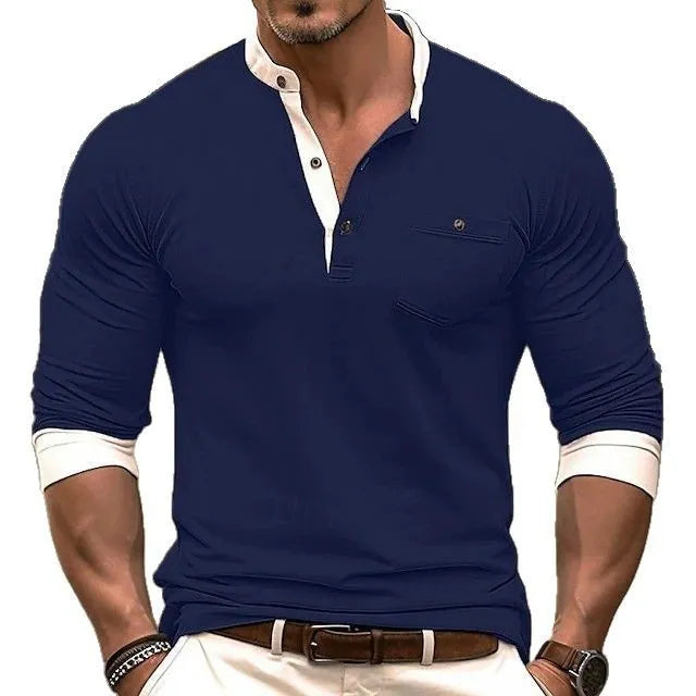 Men's solid colour long sleeve cotton T-shirt on a hanger, showing the round neck and sleeve detail.