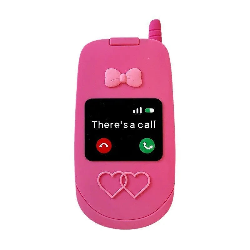 Light pink silicone flip phone case with mirror for iPhone, featuring a cute cartoon design.