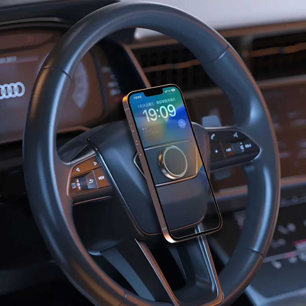 Obsidian black magnetic phone holder with centripetal force design and two adhesive discs