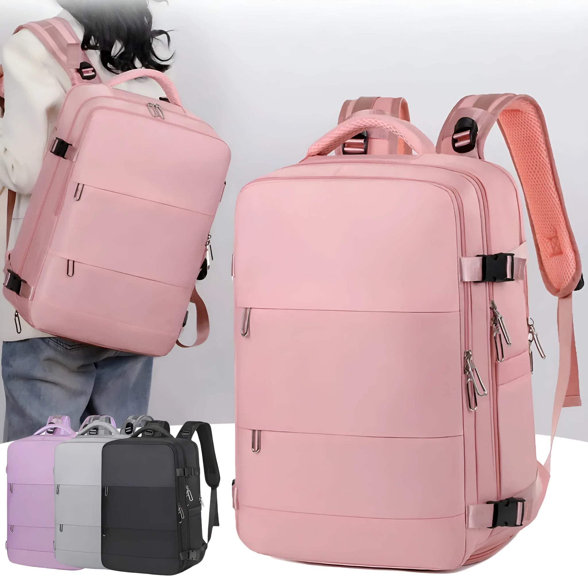 Large-capacity purple travel backpack for women with multiple compartments and an air pillow shoulder strap.