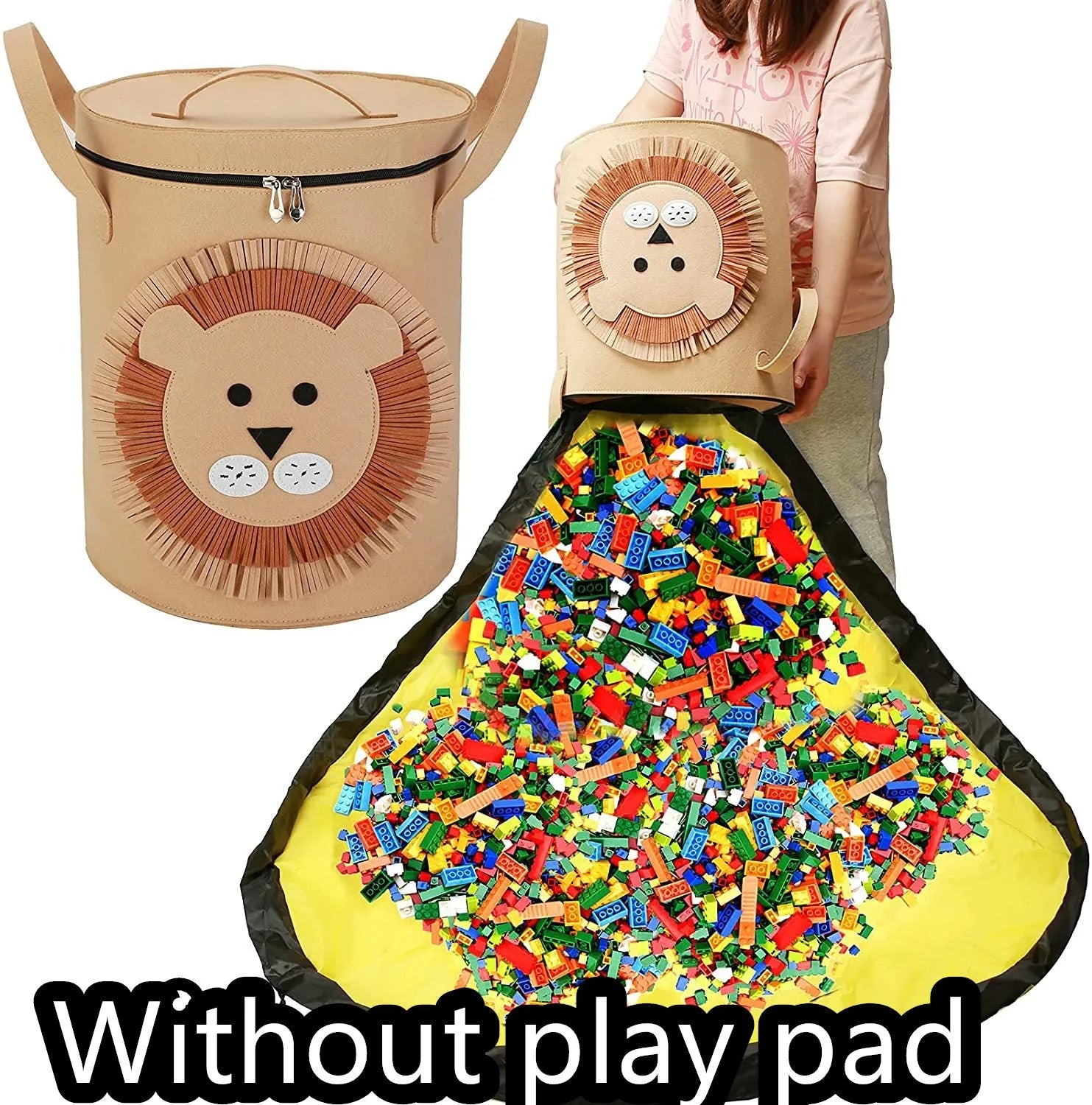 Green felt storage cube with pull rope unfolded as waterproof play mat for children's toys