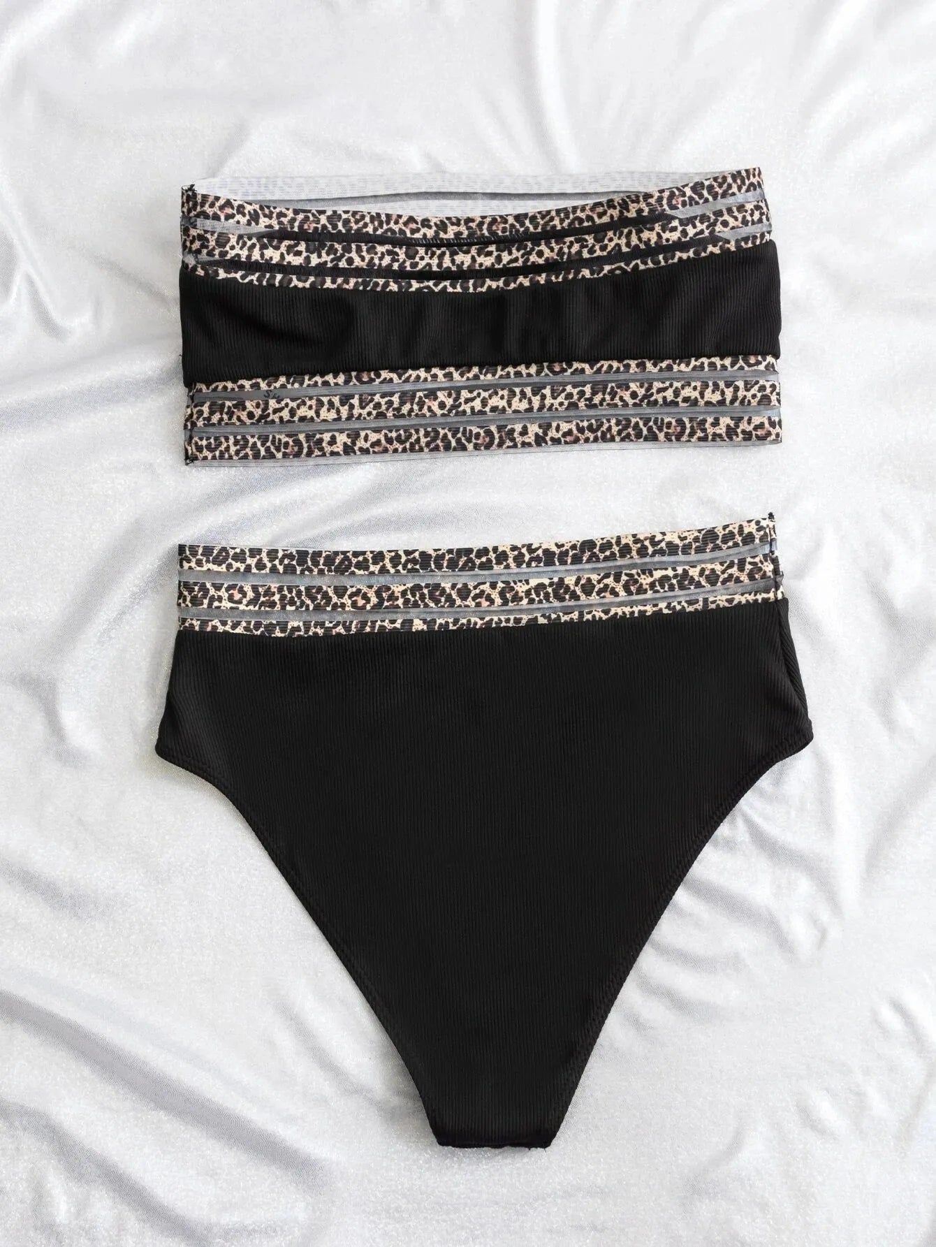 Black strapless leopard print bikini set with briefs shorts